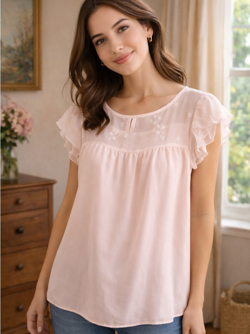 Light Pink Ruffle Sleeve Embroidered Yoke Top